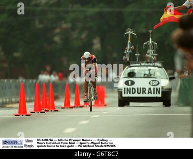 03-AUG-96. Atlanta Olympic Games. Cycling. Men's Individual Time Trial. Spain's Miguel Indurain sprints home to take gold Stock Photo