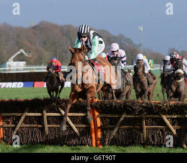 Top Wood and Conor O'Farrell win the Pertemps Network Hurdle Race during Betfred Grand National Trial Day at Haydock Park, Newton-le-Willows. Stock Photo