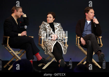 Martin Freeman, Amanda Abbington, Benedict Cumberbatch attending the Meet The Filmmakers: Sherlock event at the Apple Store, Regent Street, London, to discuss the BBC programme. PRESS ASSOCIATION Photo. Picture date: Tuesday February 4, 2014. Photo credit should read: Chris Radburn/PA Wire Stock Photo