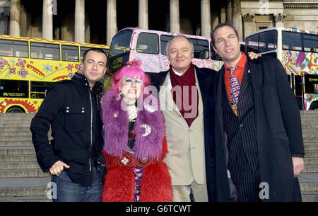 Mayor of London Ken Livingstone (second right) with designers, from left to right; Julien Macdonald, Zandra Rhodes and Toby Mott pose for photographers in front of London buses, designed by them, as part of Visit London's One Amazing Week at Trafalgar Square in central London. Celebrating the diverse elements of London's cultural life, 'One Amazing Week' features a series of 'firsts' in the worlds of music, theatre, art, fashion and sport, blending some of the city's world-renowned landmarks with contemporary talent from home and abroad. Stock Photo