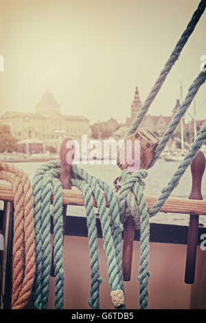 Old film retro stylized rigging of an old sailing ship. Stock Photo