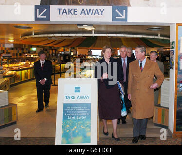 The Prince of Wales visits Westmorland Service Station on the M6 at Tebay in Cumbria. Alongside one of Britain's busiest motorways, it was built and is run by local people. While there, he opened the new farm shop which sells local produce and met a co-operative of Cumbrian farmers and backed their plans to open a meat-cutting plant where they can process their own livestock for sale. Stock Photo