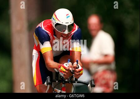 03-AUG-96. Atlanta Olympic Games. Cycling. Men's Individual Time Trial. Spain's Miguel Indurain out on the road in action Stock Photo