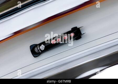 Great Britain's Lamin Deen driving GBR2 in Bobsleigh training during the 2014 Sochi Olympic Games in Sochi, Russia. Stock Photo