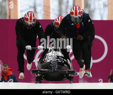 Great Britain's Lamin Deen driving GBR2 in Bobsleigh training during the 2014 Sochi Olympic Games in Sochi, Russia. Stock Photo