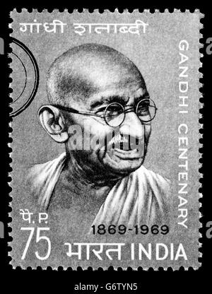 A postage stamp printed in India showing Mohandas Karamchand Gandhi, circa 1970 Stock Photo