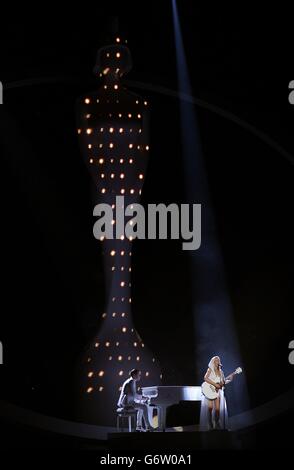 Brit Awards 2014 - Show - London. Ellie Goulding on stage during the 2014 Brit Awards at the O2 Arena, London. Stock Photo