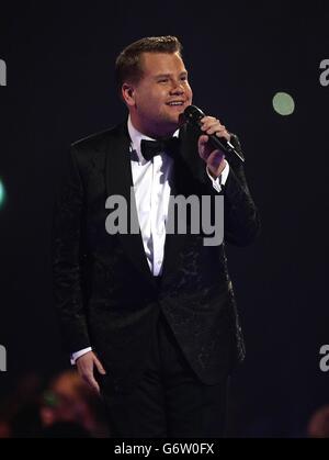 Brit Awards 2014 - Show - London. James Corden on stage during the 2014 Brit Awards at the O2 Arena, London. Stock Photo