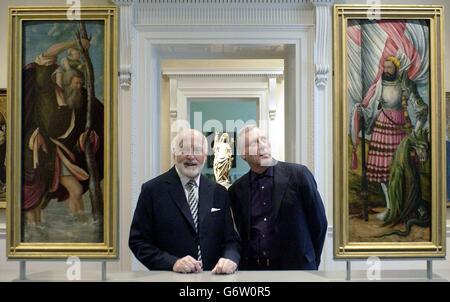 Sir Peter Moores (left) and film-maker Peter Greenaway at Compton Verney House in Warwickshire, ahead of the public opening of the new art venue. Restored and transformed by philanthropist Moore, Compton Verney, in addition to its permanent collections, will open with a major six-month installation by Greenaway. Stock Photo
