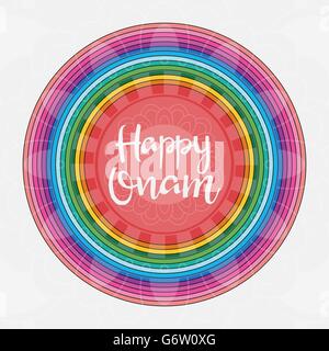 Happy Onam hand drawn lettering. Modern Calligraphy. South Indian festival. Colorful round pattern for your design Stock Vector