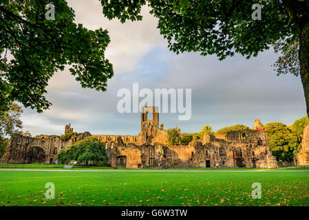 Kirkstall Abbey is a ruined Cistercian monastery in Kirkstall north-west of Leeds city center in West Yorkshire, England. Stock Photo