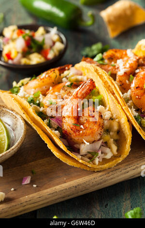 Homemade Spicy Shrimp Tacos with Coleslaw and Salsa Stock Photo