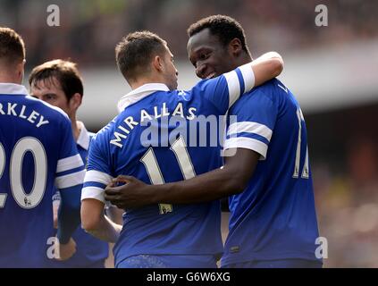 Everton's Romelu Lukaku (right) celebrates with team-mate Kevin Mirallas after scoring his side's first goal of the game Stock Photo