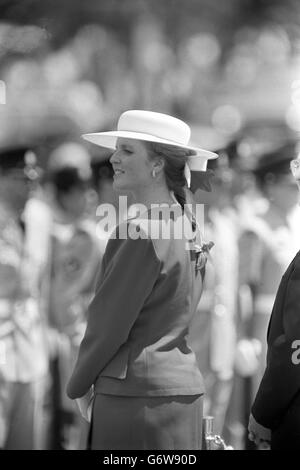 The Duchess of York at the start of a 12-day official visit to Canada with the Duke of York. She is wearing a wide-brimmed hat with a red maple leaf in her hair. Stock Photo