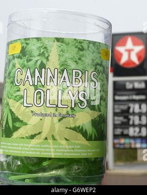 Cannabis Lollys on sale at a Texaco garage in Rochdale, Greater Manchester, which has angered the headmaster of nearby St Cuthbert's High School. Although the sweets contain hemp extract and not cannabis, headmaster John Wood today said they made the drug 'look glamorous' and said: 'We are very unhappy that these things are on sale. Stock Photo