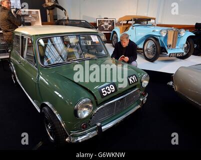 A 1964 Austin Cooper Mini Mark 1 on show at the Royal Horticultural Hall in central London, where the Coys spring classic auction of Vintage cars takes place this evening, and it is expected that the cars will be sold for a total around £2.5million. Stock Photo