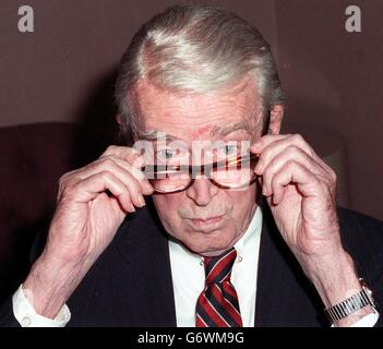 MAY 20th: On this day in 1908, US actor James Stewart was born. US actor James Stewart adjusting his glasses during a press conference at the National Press Club. Stock Photo