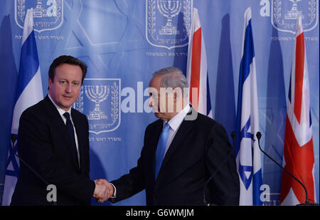 Prime Minister David Cameron (left) holds a press conference with Israeli Prime Minister Benjamin Netanyahu at his official residence in Jerusalem on the first of a two day trip to Israel. Stock Photo