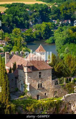 View over Saint-Cirq-Lapopie with River Lot beyond, Midi-Pyrenees, France Stock Photo