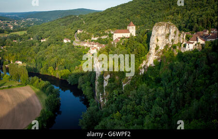 Saint-Cirq-Lapopie over River Lot, Midi-Pyrenees, France Stock Photo