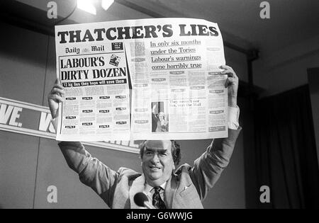 Denis Healey, deputy leader of the Labour Party, with an enlarged copy of a newspaper at a Labour Party Press conference at Transport House, London. Stock Photo