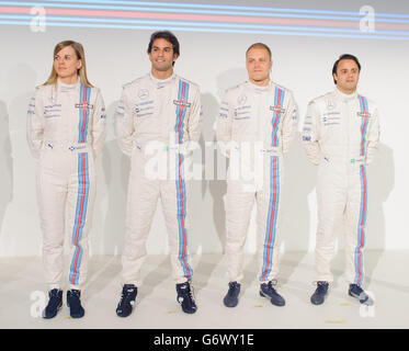 Williams Martini's (left to right) Susie Wolff, Felipe Nasr, Valtteri Bottas and Felipe Massa during a photocall at the official launch of the Williams2014 Formula One team, in London. Stock Photo