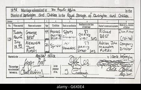 A copy of the marriage certificate of George and Alex Best. Football legend George Best and his wife Alex were divorced. Mrs Best, who recently starred in TV's I'm A Celebrity - Get Me Out of Here, was granted a 'quickie' divorce at the High Court's Family Division in central London. Neither attended the hearing before District Judge Richard Harper when the divorce went through in 2mins 20secs. Stock Photo