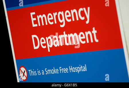 General view of signage for the Emergency Department at the Basingstoke and North Hampshire Hospital, also indicating it is a smoke free hospital Stock Photo