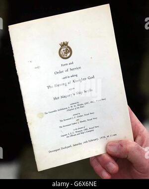 Order of Service for the Blessing of Scylla in 1970. Twelve-year-old Daniel Green, from Ivybridge, Devon, will be accompanied by environmentalist David Bellamy, as the vessel is consigned to a watery grave off east Cornwall. Daniel will be on a boat a kilometre from the decommissioned Leander Class frigate when she sinks in 21 metres of water, half-a-mile off Whitsand Bay. Stock Photo