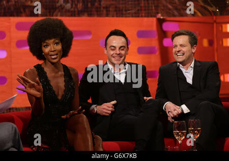 Naomi Campbell, Anthony McPartlin and Declan Donnelly during the filming of the Graham Norton Show at the London Studios, south London, to be aired on BBC One on Friday evening. Stock Photo