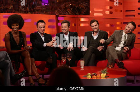 Guests (left to right) Naomi Campbell, Anthony McPartlin, Declan Donnelly, Jamie Dornan and Aaron Paul during the filming of the Graham Norton Show at the London Studios, south London, to be aired on BBC One on Friday evening. Stock Photo