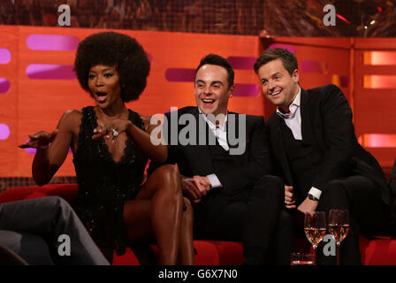 Naomi Campbell, Anthony McPartlin and Declan Donnelly during the filming of the Graham Norton Show at the London Studios, south London, to be aired on BBC One on Friday evening. Stock Photo