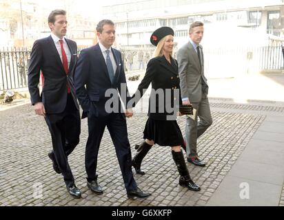 The family of Sir David Frost, wife Lady Carina Fitzalan-Howard (second right) and sons Miles, Wilfred and George attend a service to celebrate the life of Sir David Frost at Westminster Abbey, London. Stock Photo