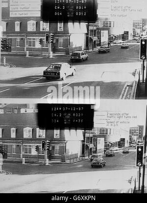 Police issued photos showing how their 'spy in the sky' cameras are able to detect motorists jumping red traffic lights. Britain's first such cameras have been installed at two Nottingham junctions. Stock Photo