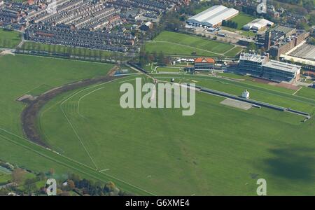 York Racecourse as work continues to alter the racetrack to accommodate the Royal Ascot meeting in 2005. The shape of the new circular track is clearly visible linking up the two existing straights on the course to allow the running of the historic Royal Ascot long distance race, being transferred to York for one year, as work is carried out at Ascot. Stock Photo