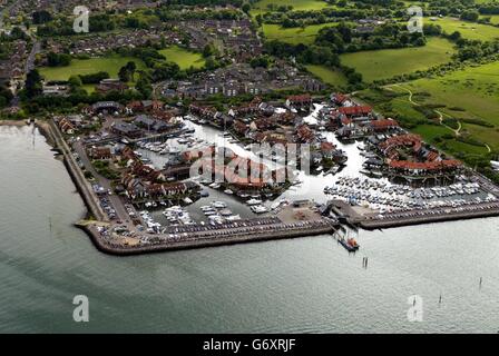 Aerial view of Hythe Marina village next to Dibden Bay where Associated British Ports propose building a huge container terminal. Stock Photo