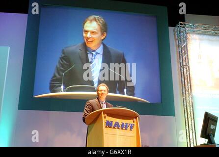 Prime Minister Tony Blair speaking at the National Association of Head Teachers conference in St David's Hall, Cardiff. Speaking to the National Association of Head Teachers in Cardiff, Mr Blair said he wanted the pre-school system to become 'a new frontier for the welfare state and the education system' offering a service tailored to each individual child. Stock Photo