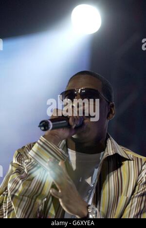 . Jay Z performing on the stage during the Prince's Trust Urban Music Festival at Earl's Court in west London. The show which takes place in front of a 40,000 strong audience and feature breakdance contests, DJ battles, a chill-out zone and lessons in graffiti writing. Stock Photo