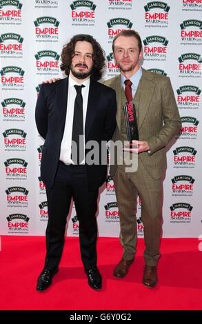 Edgar Wright and Simon Pegg (right) win the Best British Film award, for At Worlds End, at the Empire Magazine Film Awards held at the Grosvenor Hotel in London. Stock Photo