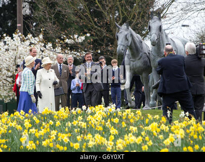 Queen Elizabeth II, the Duke of Edinburgh and the Duke of Cambridge during the unveiling of the Windsor Greys statue that marks 60 years of The Queens Coronation at Windsor, Berkshire. Stock Photo