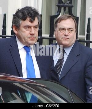 Library file dated 24/03/2003 of Chancellor Gordon Brown and Deputy Prime Minister John Prescott (right) who according to reports, Sunday May 16, 2004, had a private meeting last week at the Loch Fyne Oyster Bar in Argyll, regarding the Labour Party succession. The 90-minute meeting took place in the back of a ministerial Jaguar in the car park of the Bar in Argyll last Sunday, according to Scotland's Sunday Herald newspaper. See PA Story POLITICS Blair. PA Photo: Kirsty wigglesworth. Stock Photo