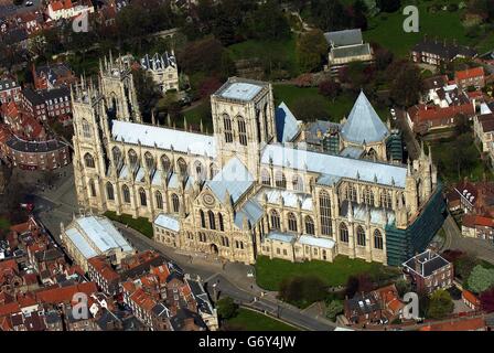 An ariel view of York Minster, North Yorkshire. 02/11/04: York Minster, where controversial entry charges have boosted the coffers by almost 400,000 since their introduction last summer. Staff at the largest Gothic cathedral in Northern Europe said the introduction of the fees helped to reduce last year's deficit of 612,000 to 220,000 in 2003/2004. The figures show 415,000 visitors helped bring in 1.5 million in fees, with the cathedral also benefiting from legacies left by members of the public. Stock Photo