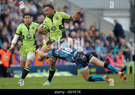 Rugby Union - LV= Cup - Final - Exeter Chiefs v Northampton Saints - Sandy Park. Northampton's Samu Manoa is tackled during the LV= Cup Final match at Sandy Park, Exeter. Stock Photo