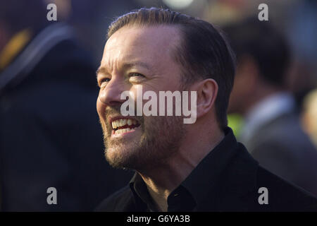 Ricky Gervais arriving at the celebrity screening of Muppets Most Wanted at the Curzon Mayfair in central London. Stock Photo