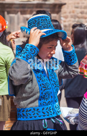 Young girl performer at a cultural dance troupe competition in Cusco, Peru Stock Photo