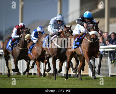 Beach Belle ridden by Chris Hayes (right) on his way to win The Tally Ho Stud European Breeders Fund Maiden during Irish Lincolnshire/Lodge Park Stud Park Express Stakes Day at Curragh Racecourse, County Kildare. Stock Photo