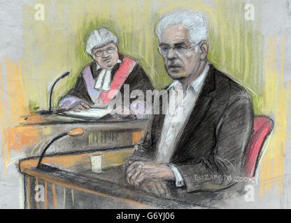 Court artist sketch by Elizabeth Cook of publicist Max Clifford, 70, from Hersham in Surrey, appearing at Southwark Crown Court where he is accused of a total of 11 counts of indecent assault against seven women and girls.