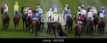 False start ahead of the Crabbie's Grand National Race at Aintree Racecourse, Liverpool. PRESS ASSOCIATION Photo. Picture date: Saturday April 5, 2014. An inquiry into the start of the Crabbie's Grand National was referred on to the British Horseracing Authority after jockeys chose not to participate in the on-course hearing. See PA story RACING National Start. Photo credit should read: Pete Byrne/PA Wire Stock Photo