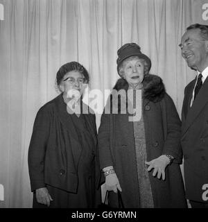 Octogenarian actress, Dame Edith Evans (r), who is appearing in G.B. Shaw's 'The Black Girl in Search of God' at the Mermaid Theatre in London, meets with crime writer, Agatha Christie, author of London's longest-running play, 'The Mousetrap', at Foyles Literary Luncheon at the Dorchester Hotel in Park Lane, London. Miss Christie was one of the guests of honour, attending the luncheon given in honour of Dame Edith. Stock Photo