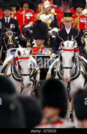 The Duke of Edinburgh rides in a horse-drawn carriage down The Mall in central London, after conducting the Colonel's Review of the Trooping the Colour ceremony on Horse Guards Parade. The event next Saturday is held to mark the official birthday of Queen Elizabeth II. Stock Photo
